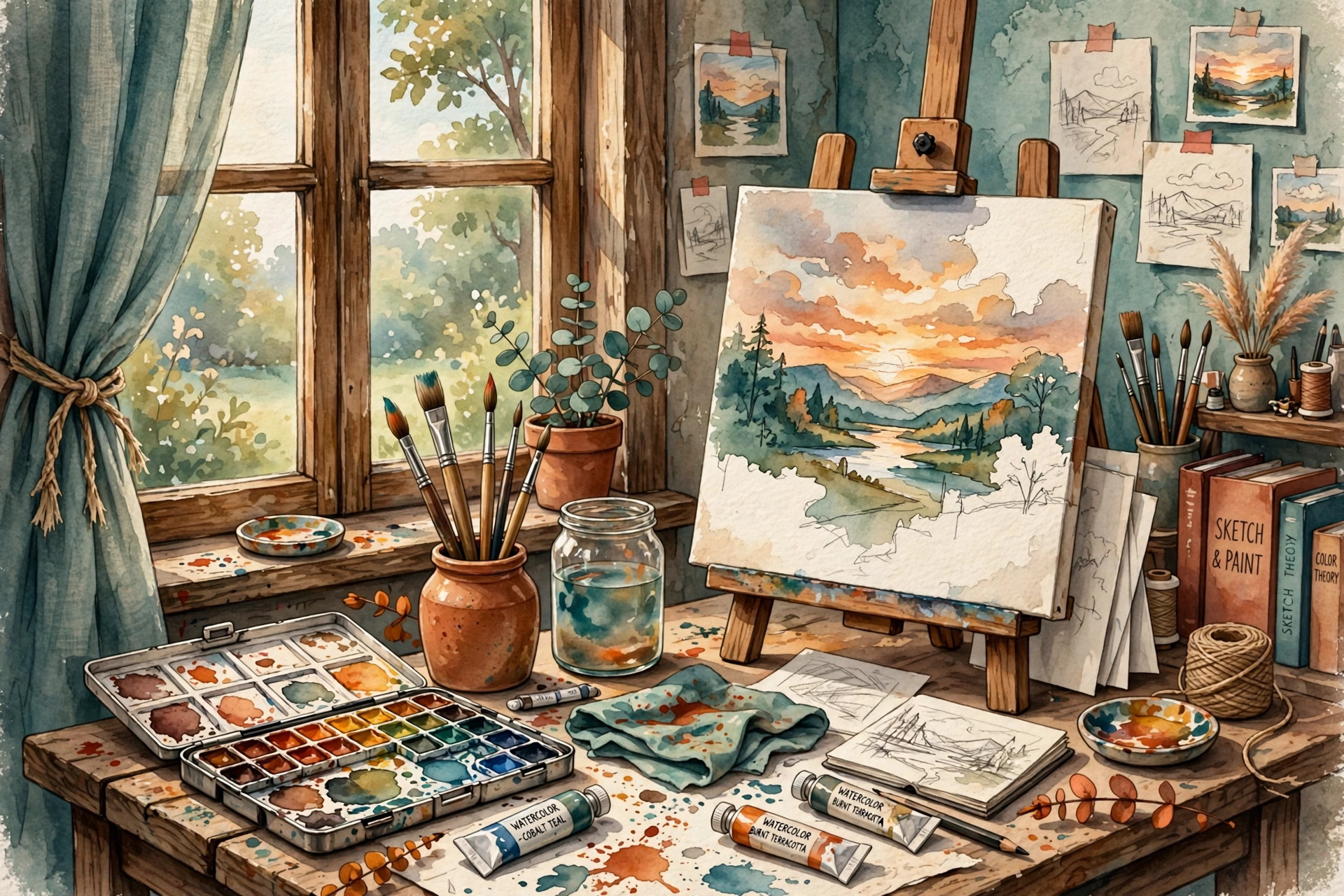 Cozy art studio with paints, brushes and a sunset painting on an easel